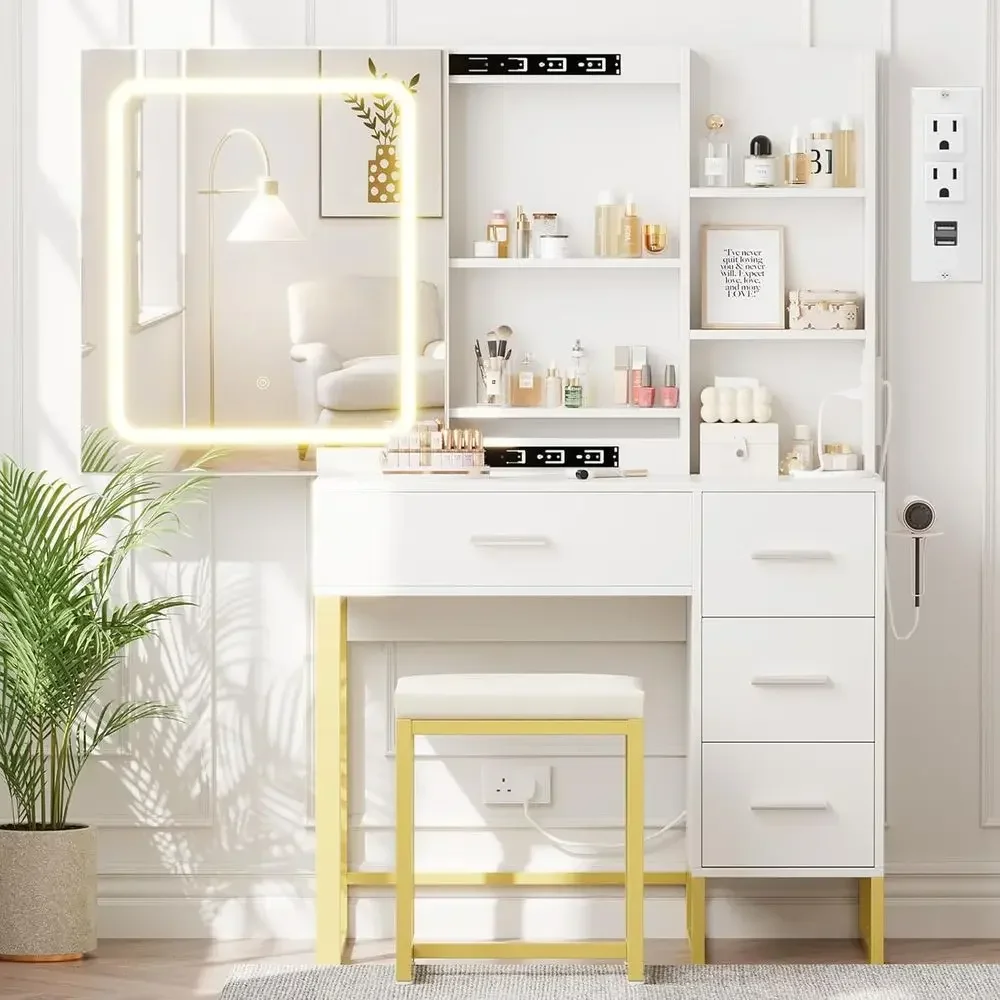 LED Lighted Makeup Vanity Desk with Mirror, Power Outlet, Storage, and Cushioned Stool
