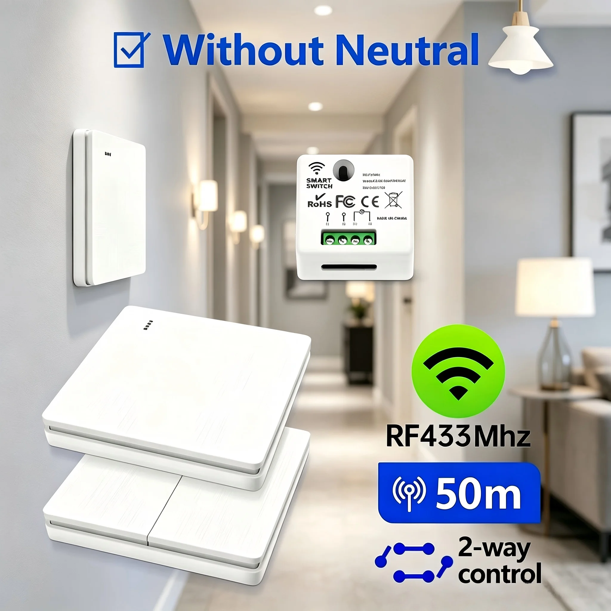 433-MHz-RF-Funk-Smart-Relais-Empfängermodul ohne Neutralleiter AC110-220V Fernbedienung für Lampen Einphasiger Lichtschalter