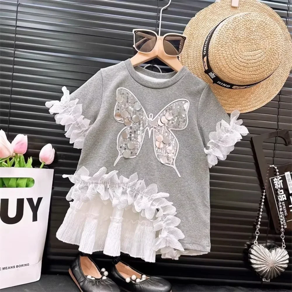 Summer Fashion New Grey Girls Clothes Round Neck Short Sleeved Butterfly Sequin Lace Patchwork T-shirt Top 3-7 Years Kids Wear