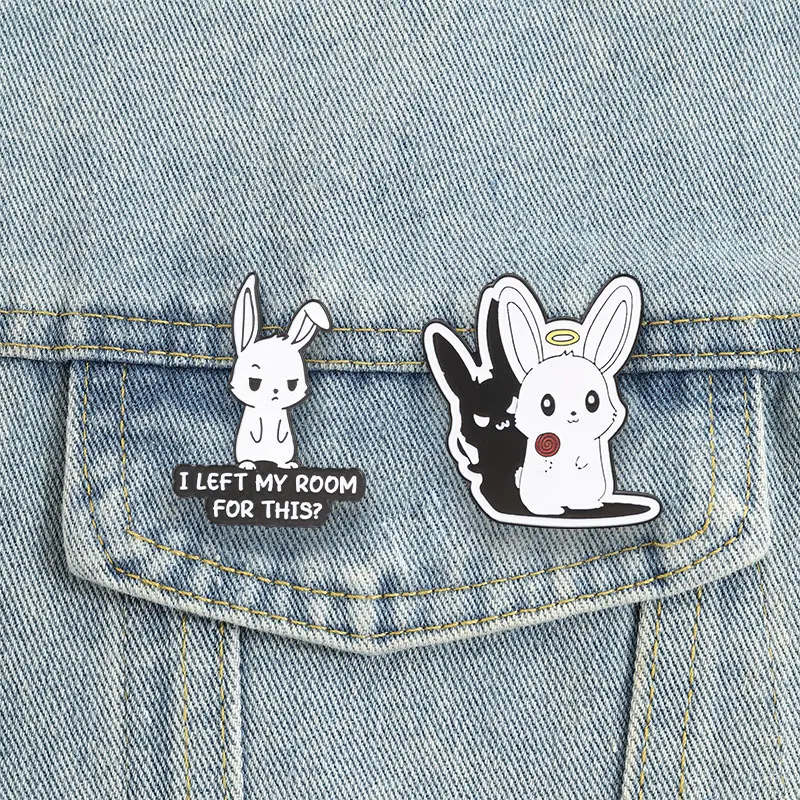 Introvert Moody Rabbit Enamel Pins Angel Devil Shadow Bunny Brooches Lapel Badge Cartoon Animal Jewelry Gift for Friends