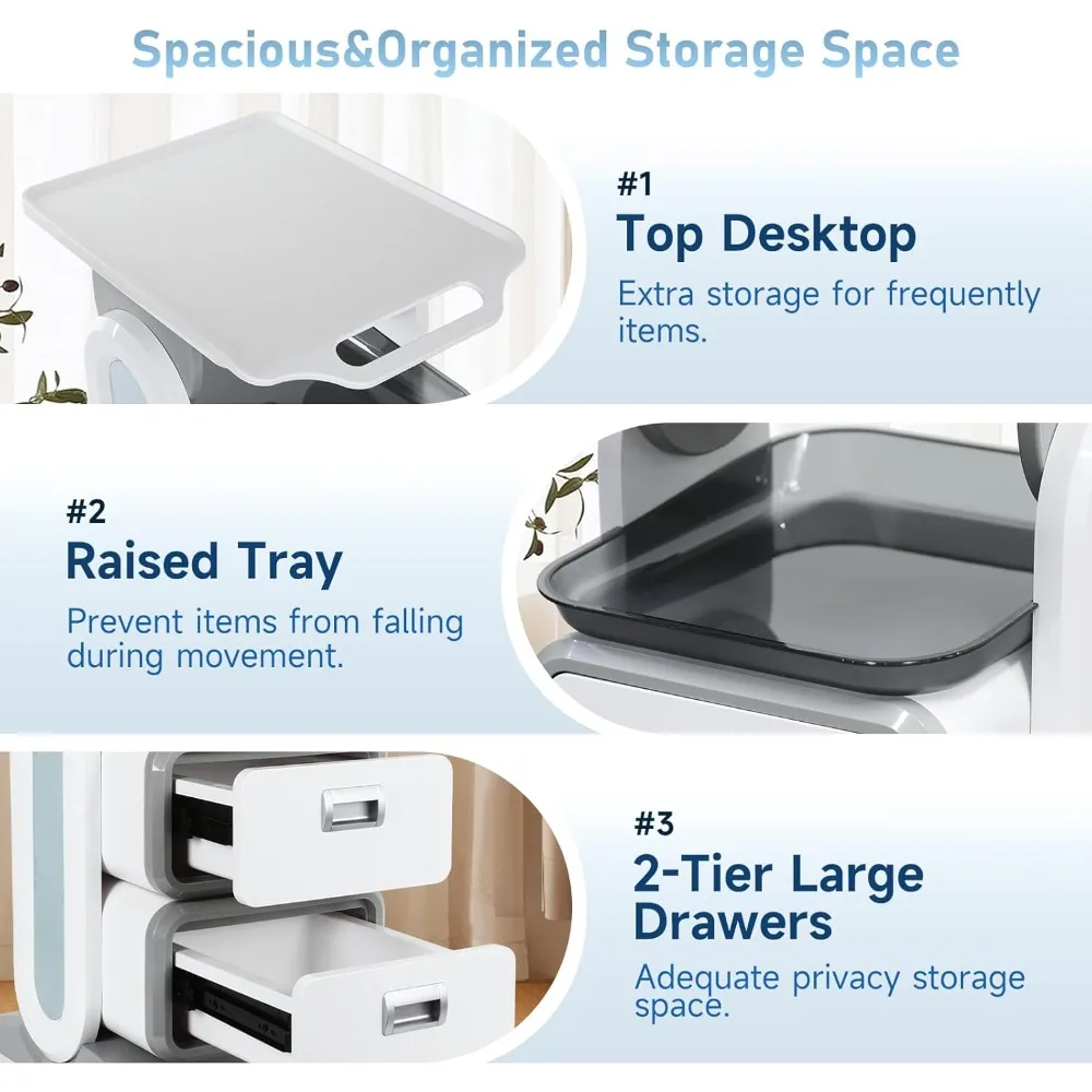 عربة ترولي مع درجين، عربة دوارة بالموجات فوق الصوتية المتنقلة مع عجلات وصواني، عربة تخزين أدوات تحميل 150 رطلاً