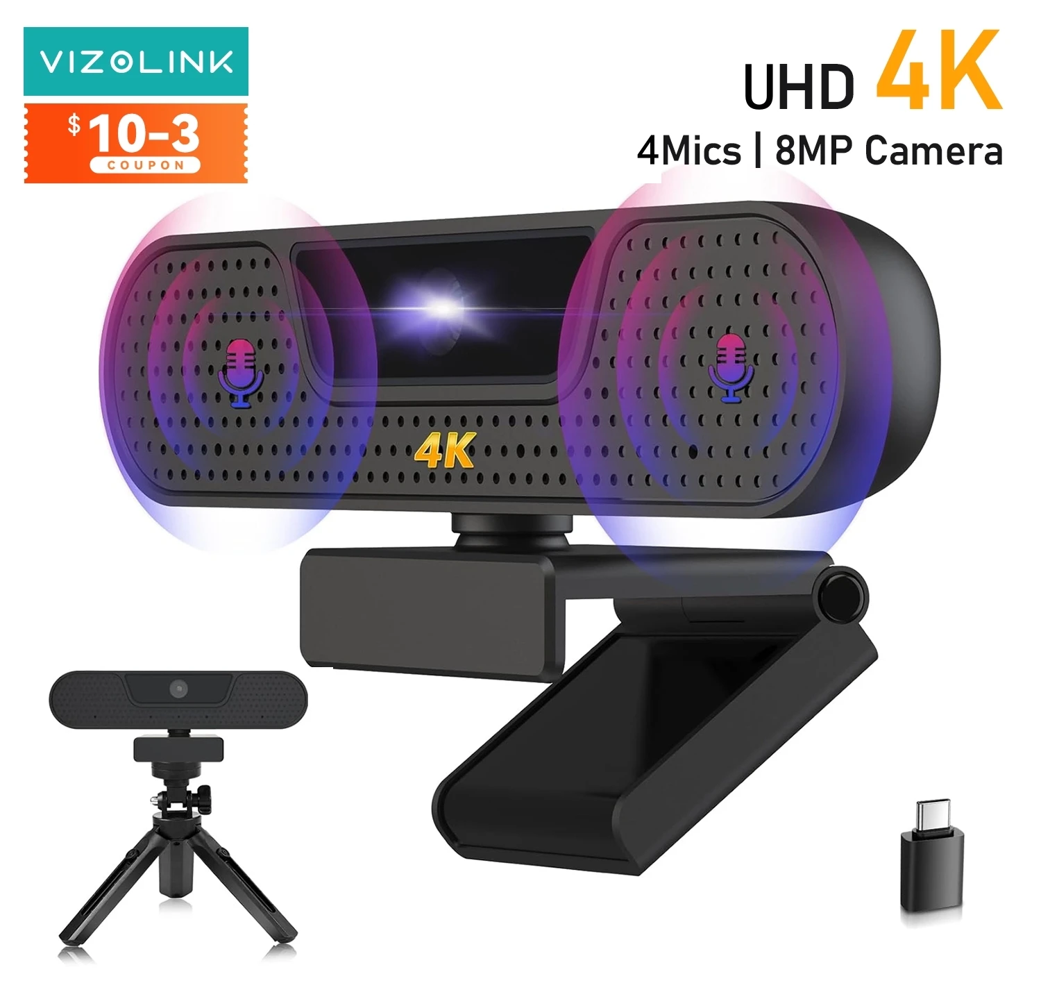 

Веб-камера VIZOLINK 4K UHD, 8-мегапиксельная веб-камера, 4 микрофона с шумоподавлением, автофокус, USB-веб-камера для ПК, зум, Google Meet Streaming
