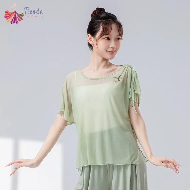 Classical Dance Top Women Gauze Mesh Shirt Drawstring Short Sleeve Removable Butterfly Decor See Through Saree Practice Clothes
