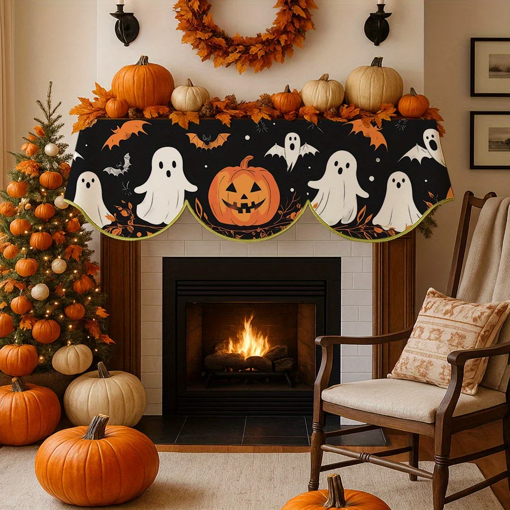 Halloween-Kaminschal aus schwarzem und orangefarbenem Polyester mit Kürbislaterne, Fledermaus- und Spinnennetz-Aufdruck |   Halloween-Dekoration