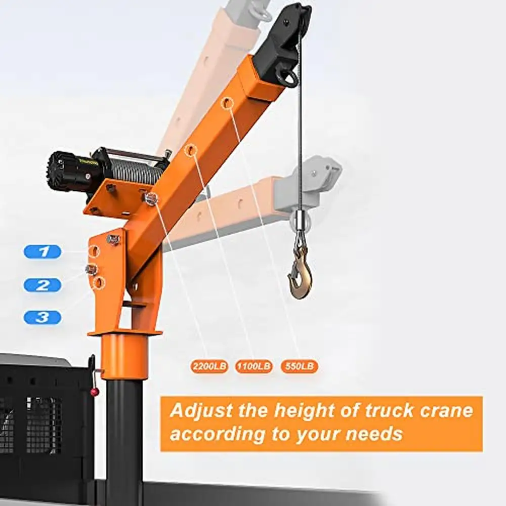 Truck-Mounted Bed Crane Hoist 2200lb Lift Winch Painted Steel Jib Cranes 12V/24V Rotation Locking Handle Commercial Duty