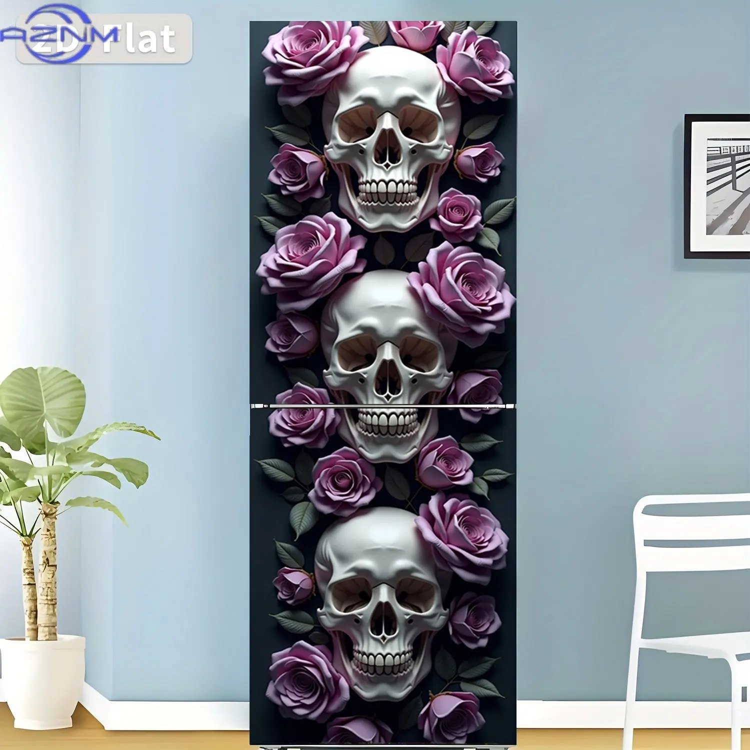 of Refrigerator Sticker, 60×180 Cm, Themed Design 'Skull And Rose', Self-Adhesive Wall Decoration Wallpaper Suitable for Cabin