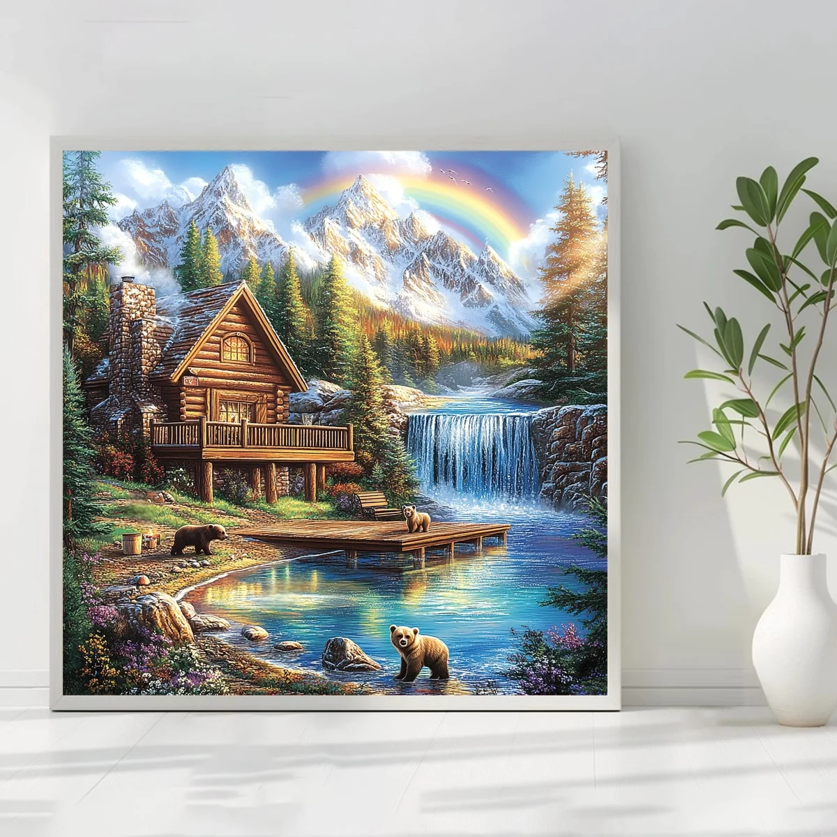 1 Stück 50x50cm/19,69 Zoll, 11Ct/14Ct Kreuzstich-Set, DIY Valentinstagsgeschenk, Stickerei-Set für Festivals, Berghütte, Wasserfall, Strand – Detail 2