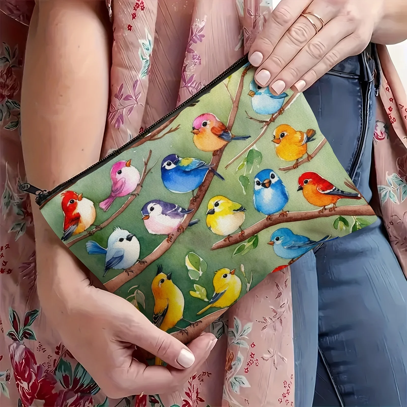 Vibrant Birds Makeup Bag / Lightweight Zippered Pouch for Women / Dual-Sided Print / Ideal for Toiletries & Coins