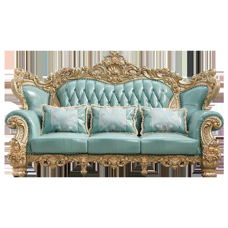 

European-style top-grain leather light luxury sofa, champagne gold, French-American leather, living room villa combo furniture