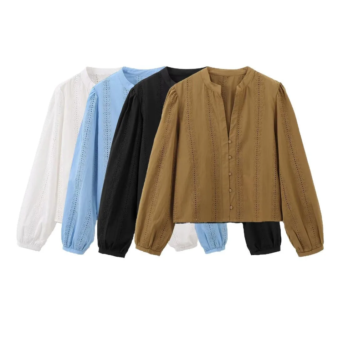 

2026 spring and summer new women's fashionable casual versatile style hollow embroidered V-neck long-sleeved tops