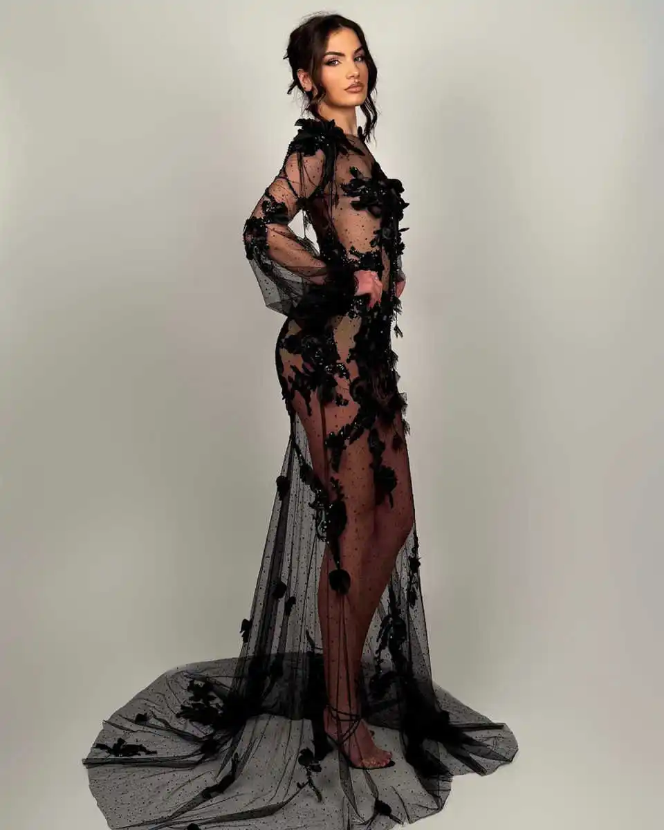 Maßgeschneiderte Ballkleider, schwarze Partykleider, formelle Meerjungfrau, 3D-Blumen, lange Ärmel, Perspektive, individuelles Abendkleid in Übergröße – Detail 2