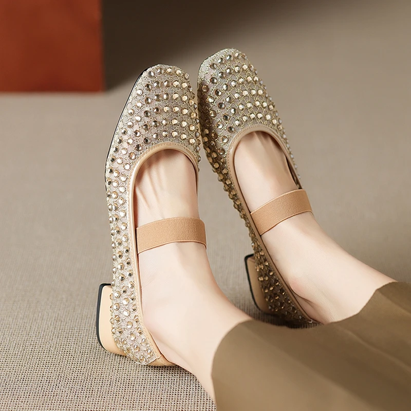 

Women's New Spring and Autumn Square Head Water Diamond Breathable Mesh Elastic Belt Buckle Low Heel Mary Jane Single Shoes