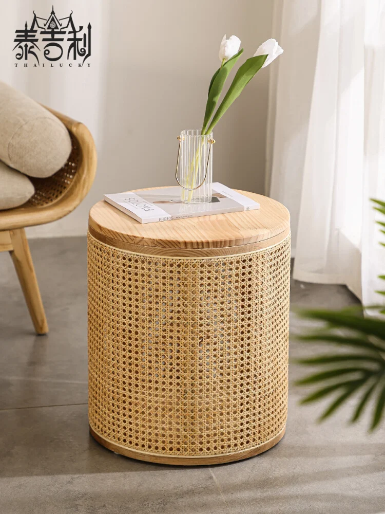 

Solid wood rattan woven circular storage coffee table Japanese style living room and homestay can accommodate corner tables