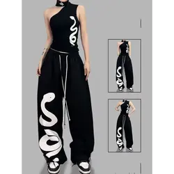 Y2K Street Dance Women's Black hip-hop loose waist large print graffiti sweatpants street jazz dance pants