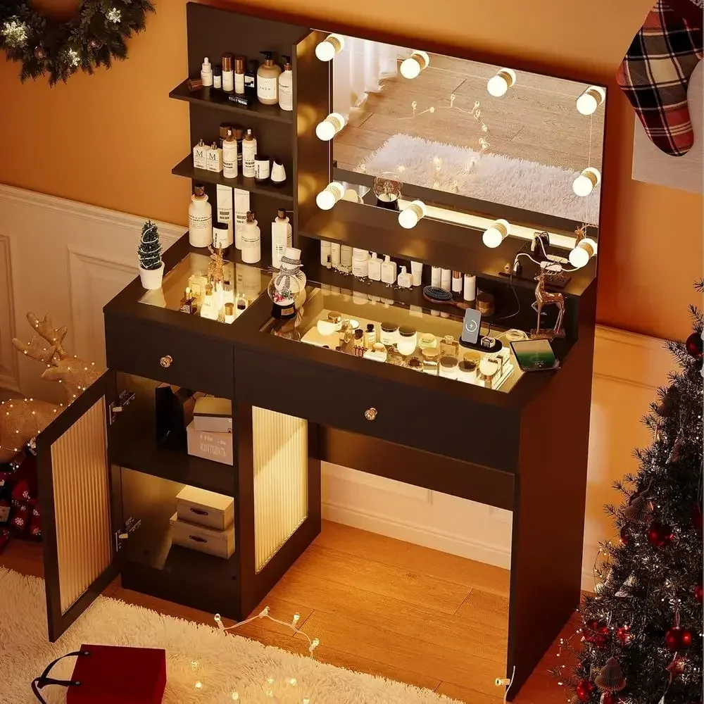40 Vanity Desk with Large Mirror, LED Lights, and Power Outlet, Elegant Glass Top Makeup Vanity Set with Drawers and Cabinet, Ad