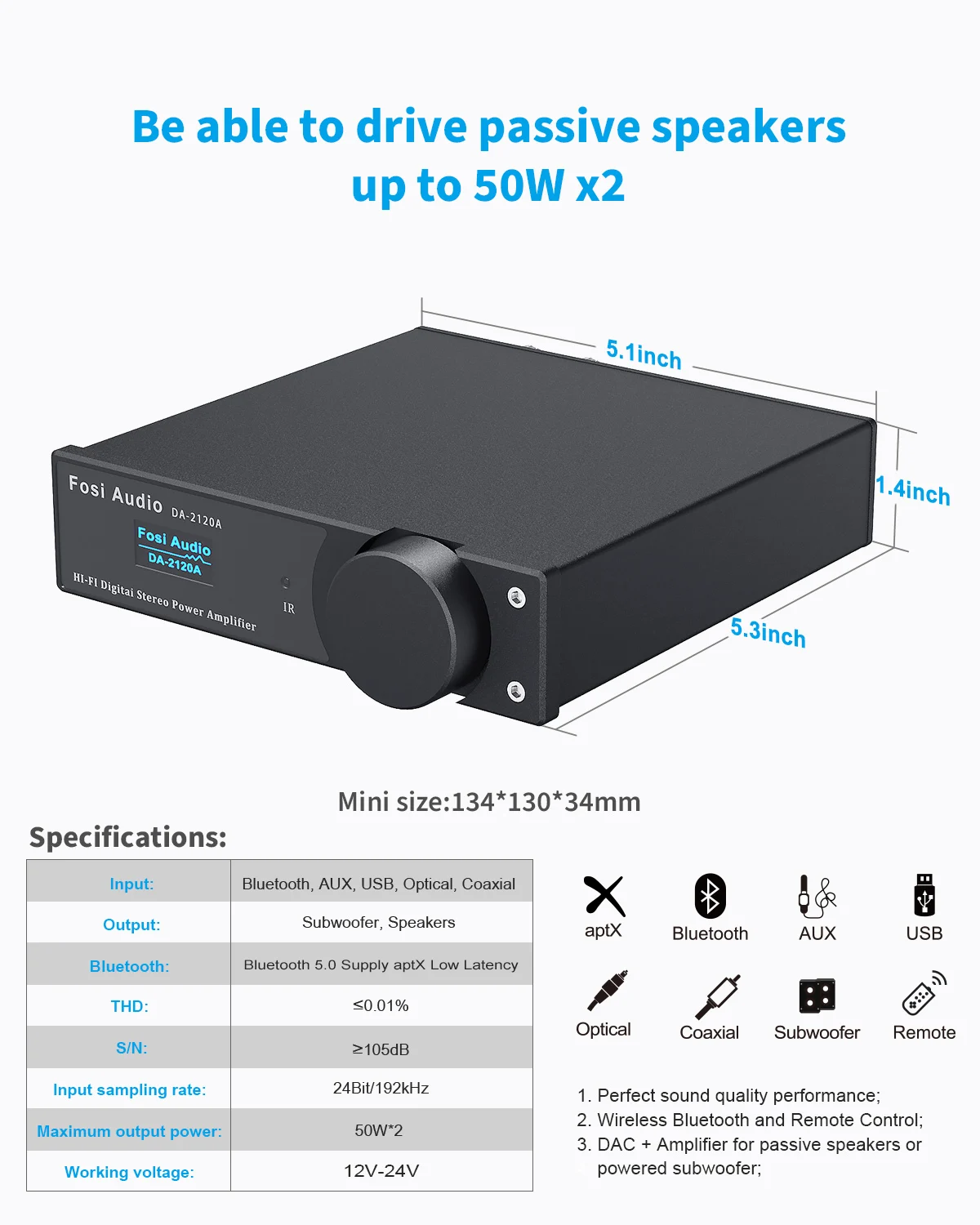 Fosi Audio 블루투스 앰프, 스테레오 오디오, 무선 DAC 앰프, 하이파이 클래스 D 파워 앰프, 50W x2 스피커, 액티브 서브우퍼, DA2120A