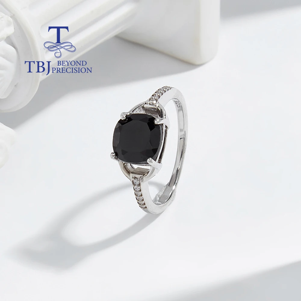 

Stunning Silver Ring for Women Natural Big Black Spinel Cushion 8mm August Birthstone Classic Jewelry Wedding Dating Gift