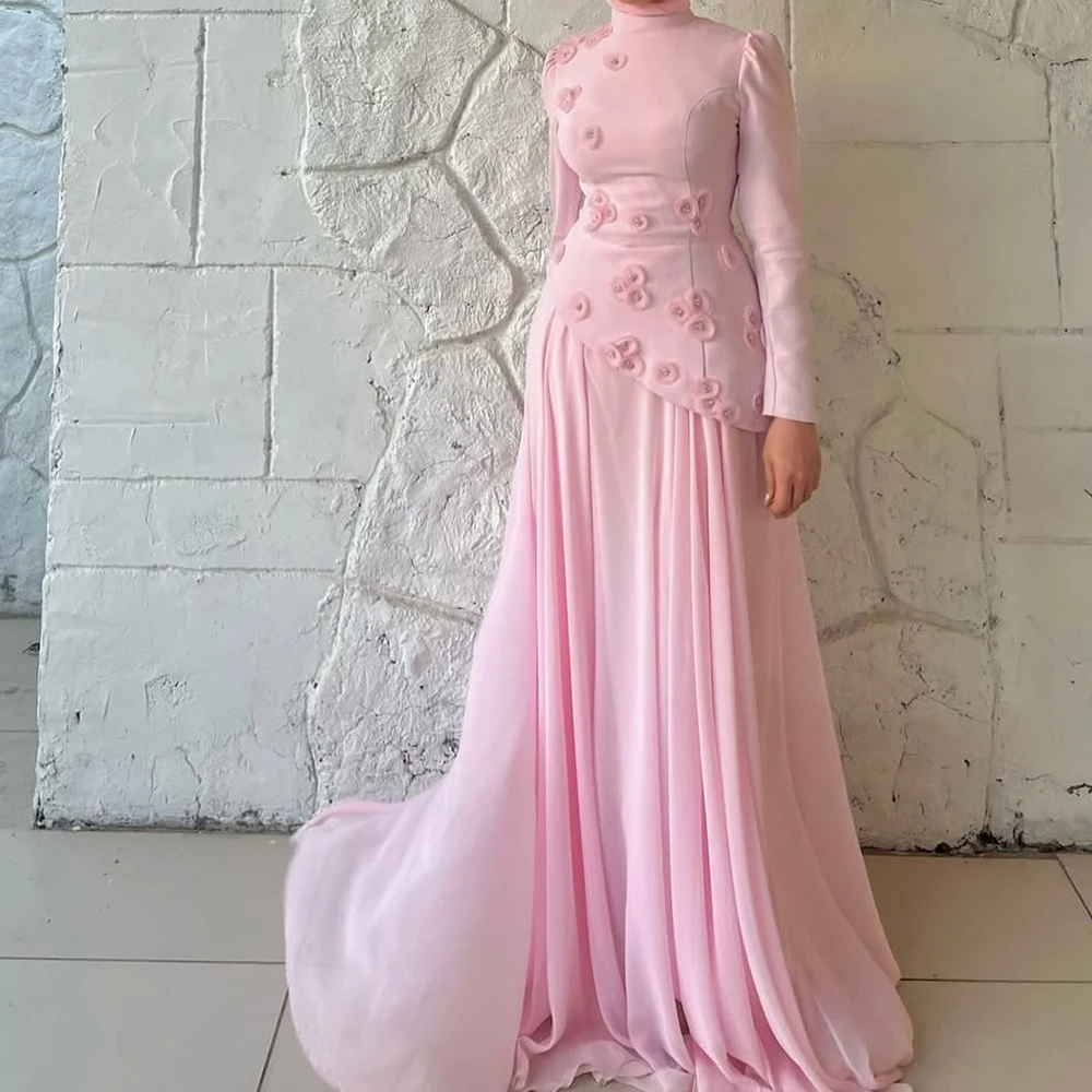 

Вечерние платья трапециевидной формы по индивидуальному заказу, длиной до пола, с высоким воротником и длинными рукавами, платье для выпускного вечера Fsahion с цветами и кристаллами, простое драпированное вечернее платье