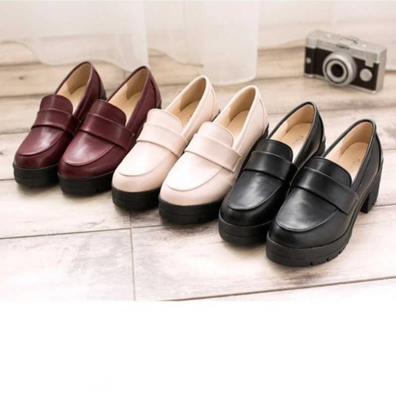 Platform Shoes Woman Heels Spring Fashion PU Leather Round Toe Chunky Casual Walking Pumps Women Mary Janes Zapatos Para Mujer