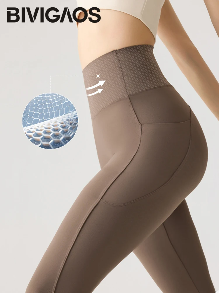 BIVIGAOS Spring Summer Pocket Sharkskin Leggings Women High Waist Tight Butt Lifter Nude Feeling Sport Fitness Running Leggings