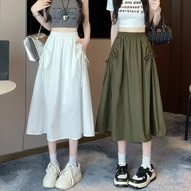 With Strings Skirts for Women Cargo Woman Skirt Midi Summer 2024 V Streetwear Trend High Quality Modest Korean Fashion Premium