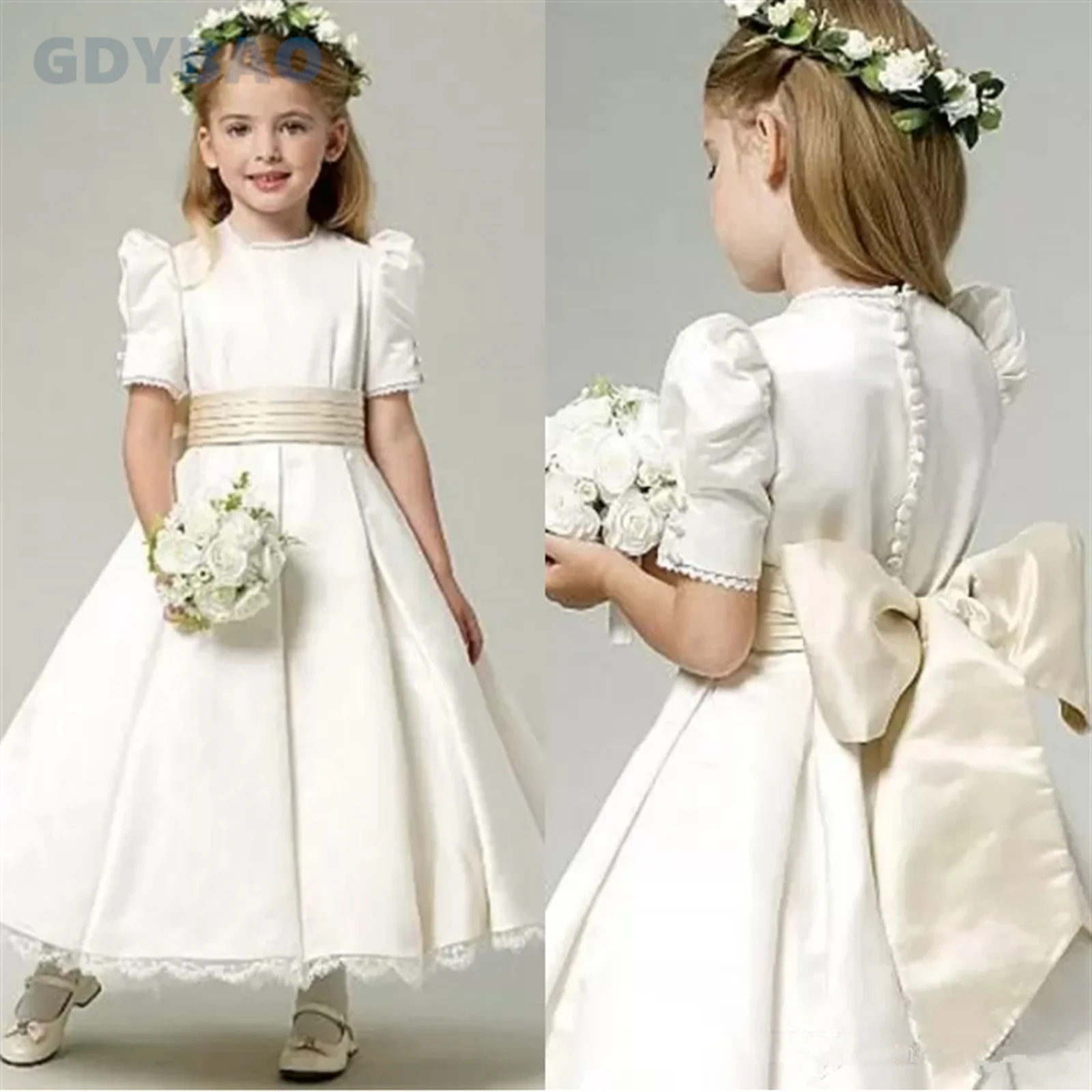 

Simple Lace Tulle Flower Girl Dress With Bows For Wedding Children's First Communion Ball Gown Party Bridesmaid Prom Wear