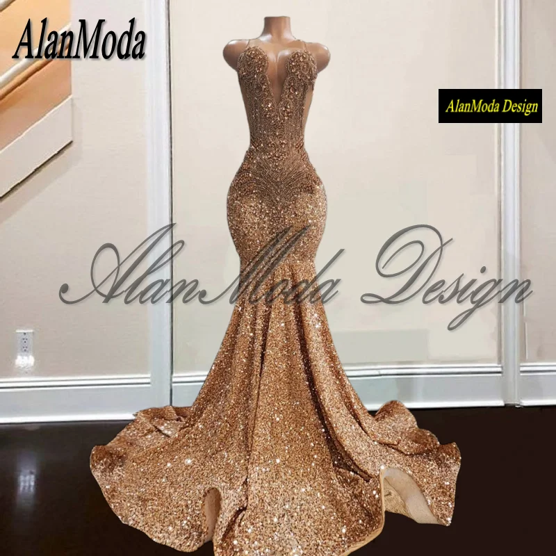 Rose Gold Prom Dresses 2025 Black Girl Luxury Rhinestone Sequin Mermaid Party Gowns Sheer Neck vestidos de fiesta Customized