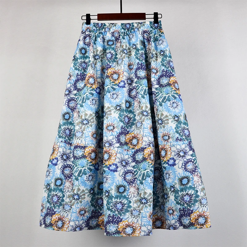 Women Floral Print Elastic Waist Midi Skirt with Pockets A-Line French Oil Painting Flower Flowy Skirt Causal Holiday Outfits