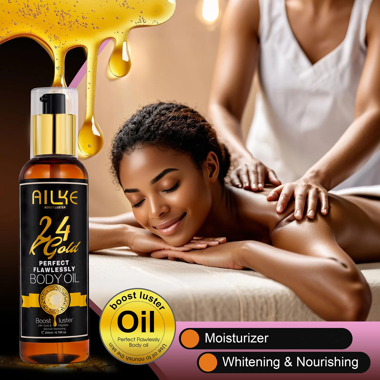 Zdjęcie 5: AILKE 24K Gold Flawlessly Body Oil, naturalny olejek roślinny dla kobiet, nawilżacz do skóry, redukcja przebarwień, wygładzanie, odżywianie, 200ml