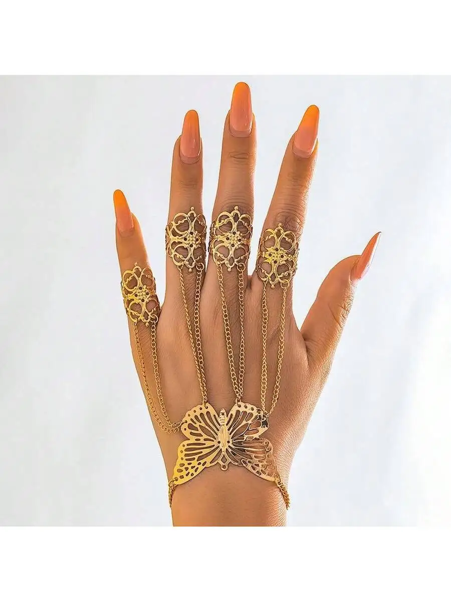 

Vintage Boho Butterfly Hand Chain Bracelet With Hollow Flower Rings For Women