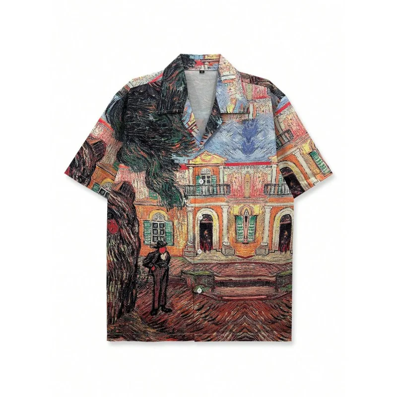 

1pc Casual Floral Printed Shirt, Men Short Sleeve, Hawaiian Style, Holiday Beach Vacation, Oil Painting Effect Pattern