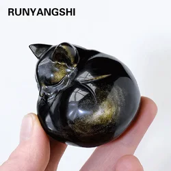 1pc Natural Gemstone Golden Obsidian Sleeping Cat Animal Crafts Figurine Home/Office/Room Decor Gifts