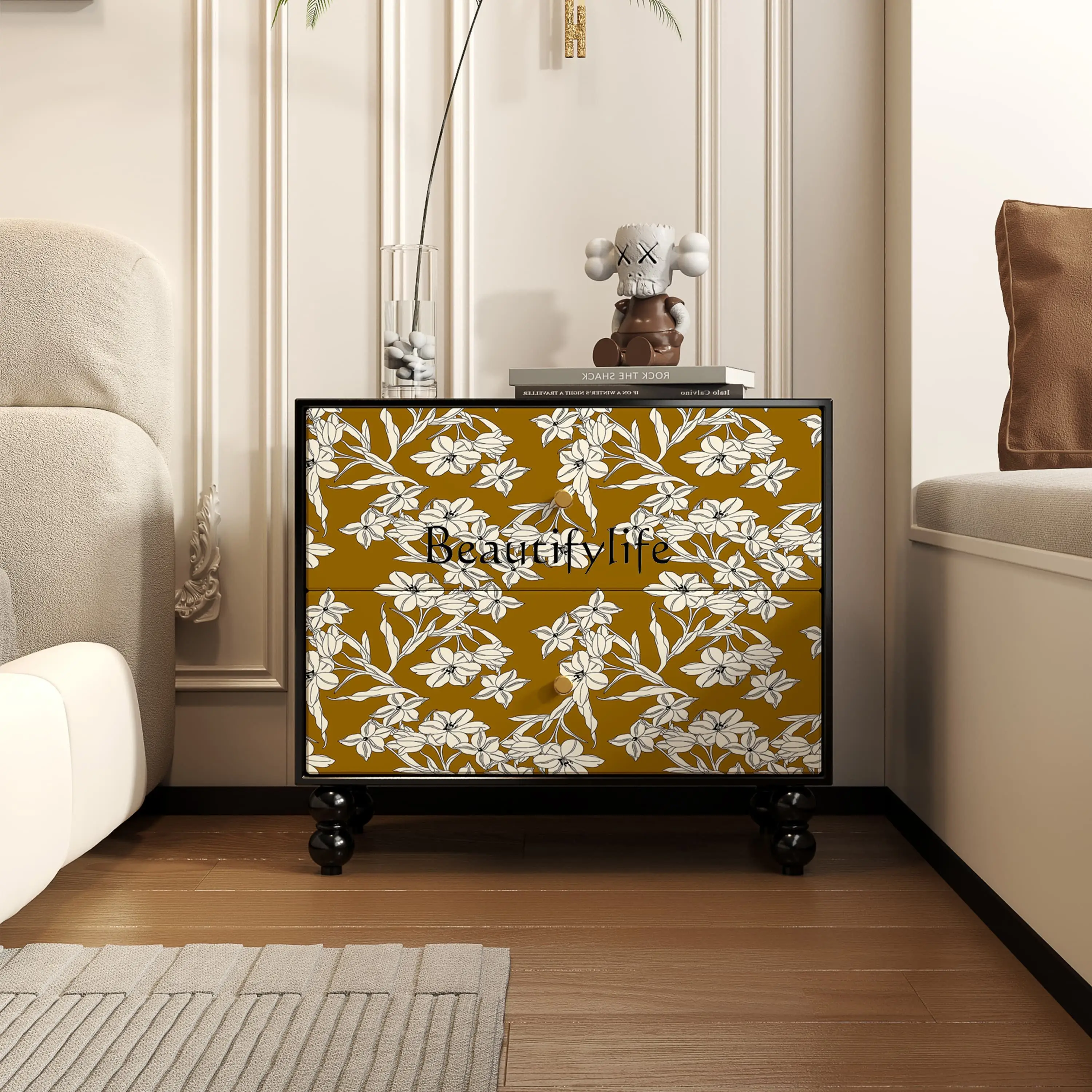 

French Chinese painted solid wood bedside table living room room drawer multi-functional storage cabinet