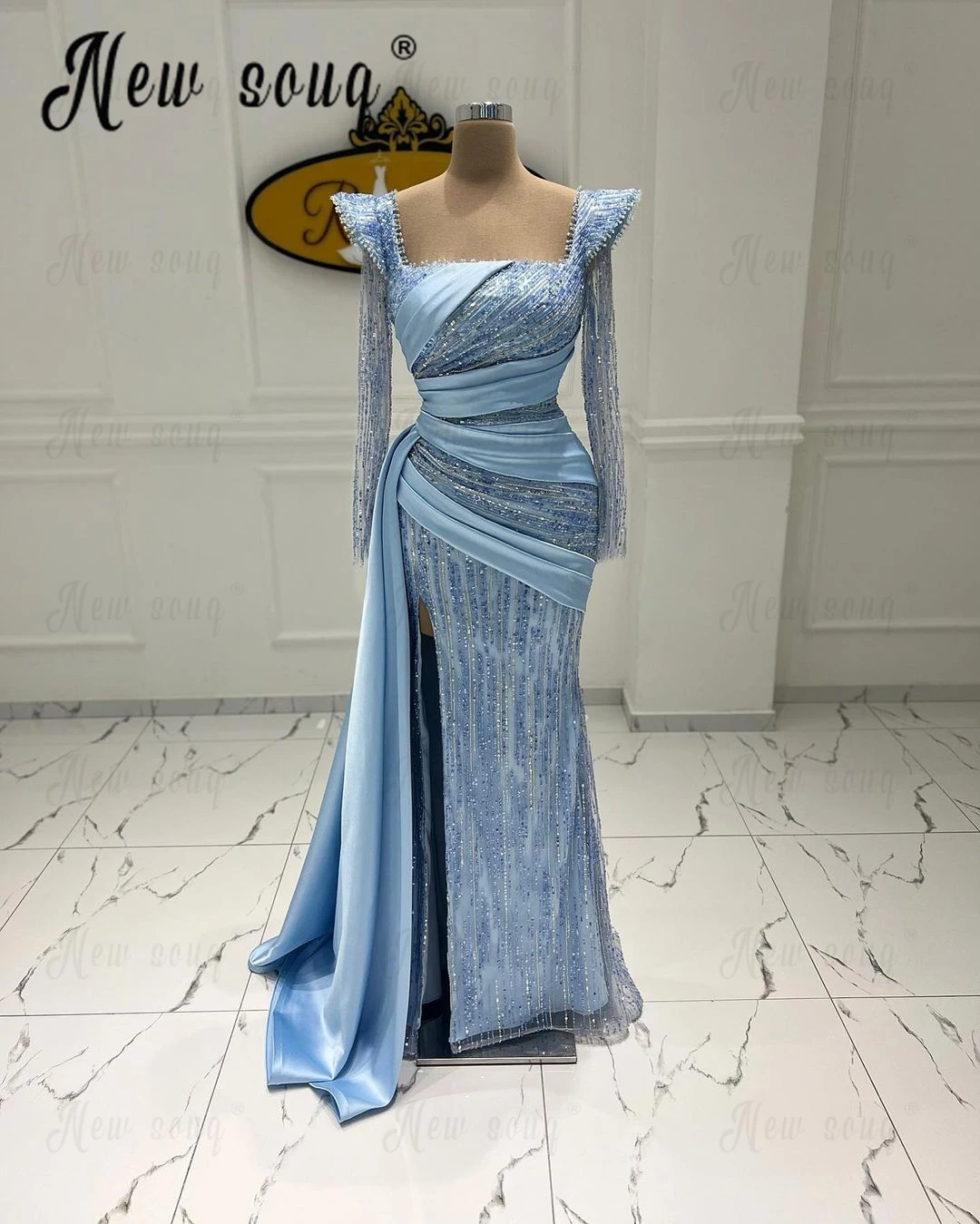 Elegant Light Blue Women Formal Evening Dress Plus Size Customized Engagement Party Dress Luxury Beaded Birthday Party Wear 2024