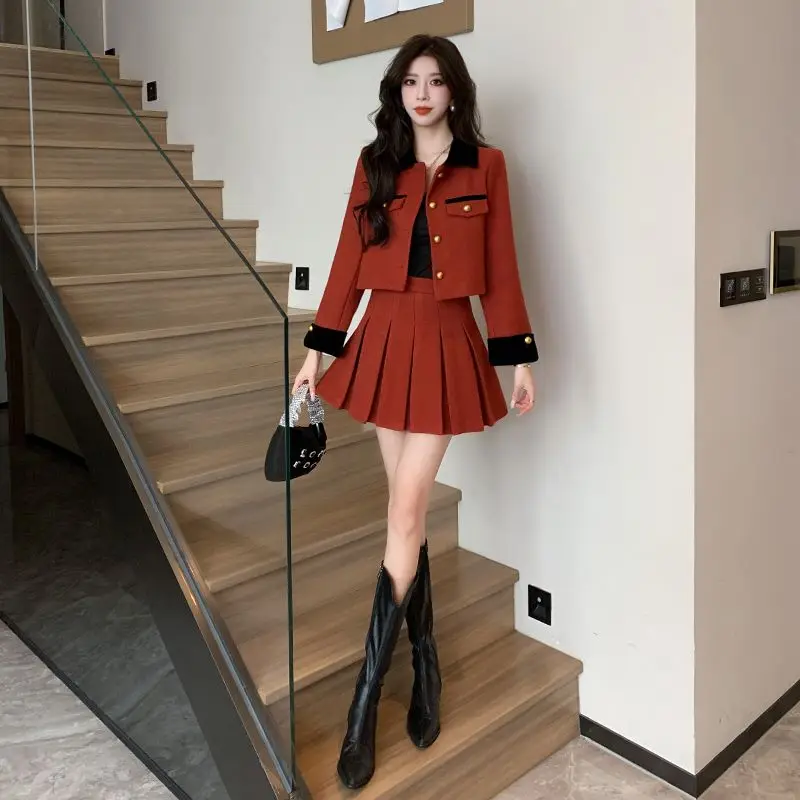 Casaco curto feminino e mini conjunto de saia linha A, senhora casual do escritório, elegante, novo designer, outono, inverno, 2 peças