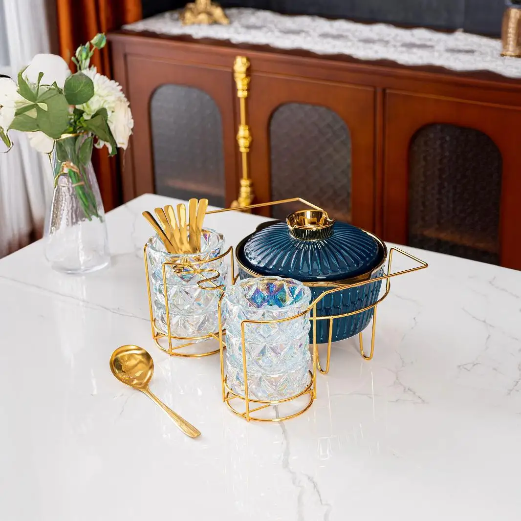 

Gold striped ceramic soup pot glass bowl set Cross-border creative ceramic heating iron frame soup pot set