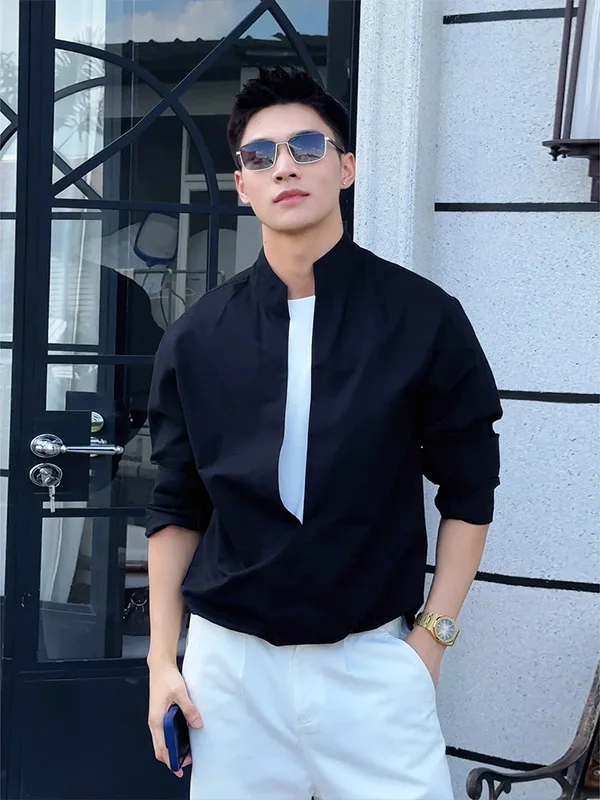 

Ele Men's Long Sve irt Casual Sle Stand Collar Mixed Fabric Layering Design Trendy Autumn Linen Blend Fake Two-Piece