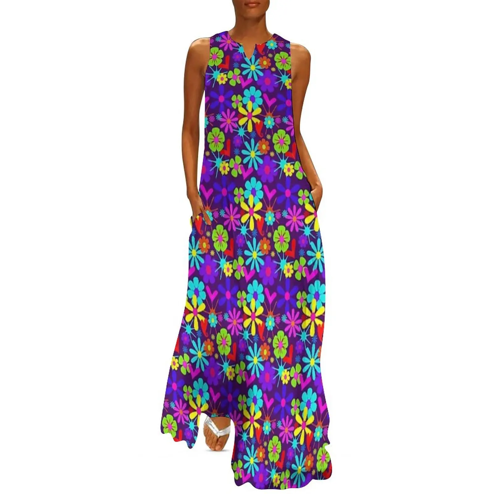

Colorful Bright Retro Flower Power Hearts & Flowers Pattern Long Dress women dresses dress korean style