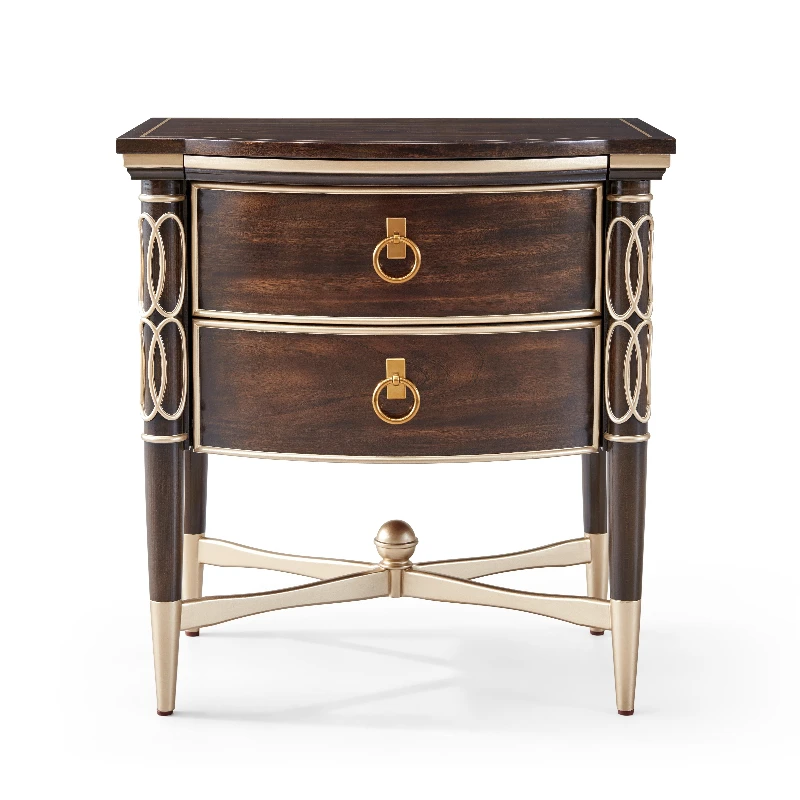 

European bedside table with two drawers, luxury bedside table with gold trim and ring handle, vintage bedroom furniture