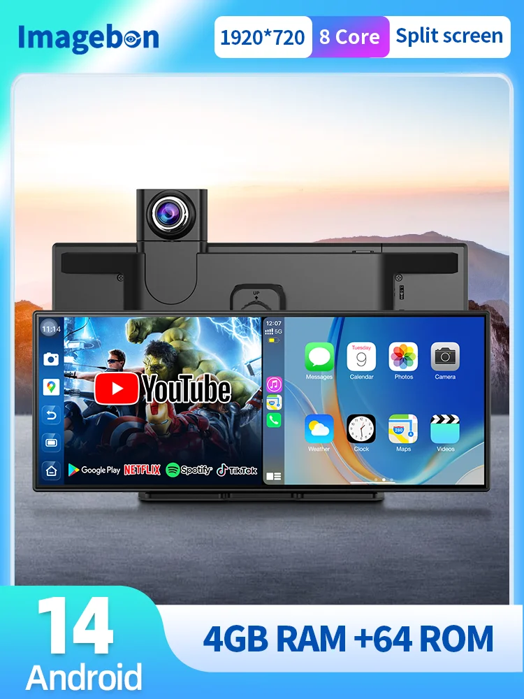 Imagebon W70 Carplay Auto Bildschirm With Rückfahrkamera Wireless Apple Carplay Android Auto Dashcam 11.4" 8 Core Android 14 Sma