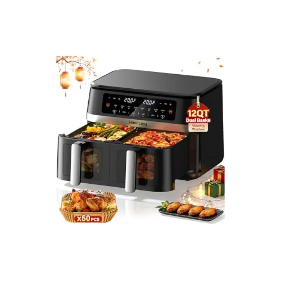 

Аэрофритюрница с двумя корзинами 12QT, 12-в-1, с цифровым сенсорным экраном, двумя зонами нагрева, 50 бумажными вкладышами и смотровым окном