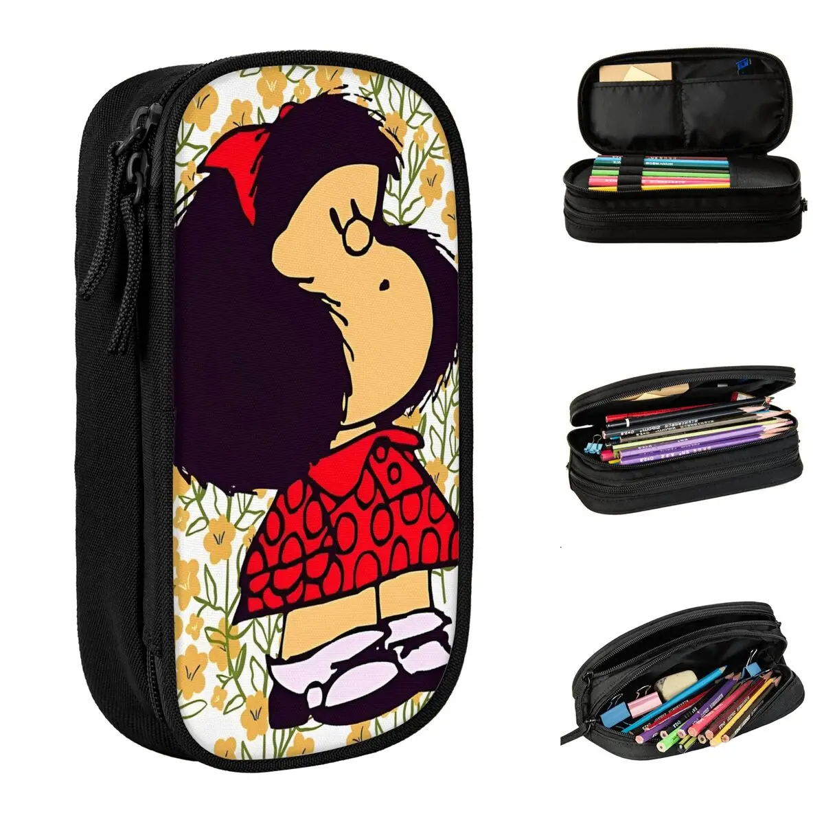 

Пенал с героями мультфильмов Mafalda, школьные пеналы, холст для студентов, Kawaii, большой пенал, школьные канцелярские принадлежности