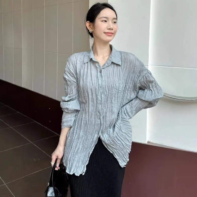 미야케 플리츠 심플 셔츠 여성용 2026 봄 신상 데일리 다용도 캐주얼 블라우스 솔리드 컬러 셔츠 긴팔 플리츠 의류