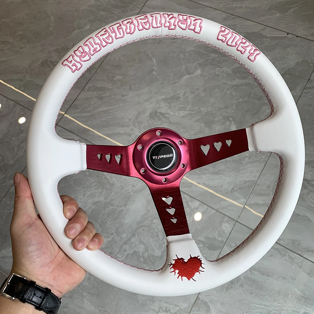 Heart Leather JDM Style Heartbreak Series White Embroidery Custom Steering Wheel