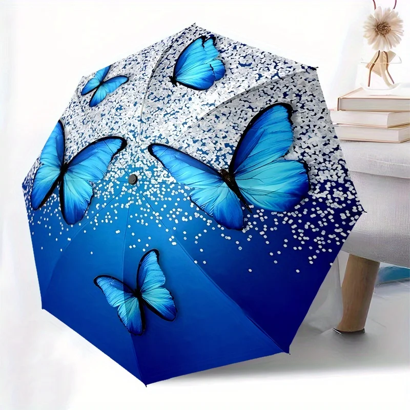 

1pc Blue Butterflies Automatic Open Multifunctional Umbrella, Portable Folding Design with Durable Iron Frame, 8-Rib Structure