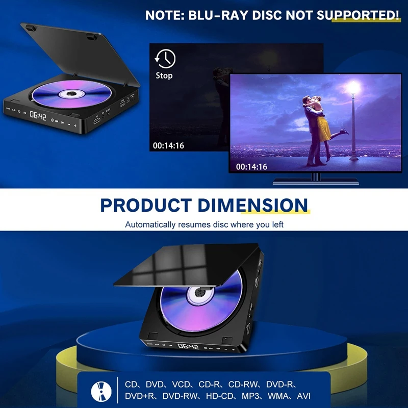 Leitor de DVD portátil com controle remoto, mini anti-skip, HD, DVD, VCD player, reprodutor de vídeo multifuncional, 1080p