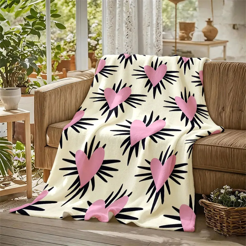 Pink Hearts Spikes Cream Flannel Blanket Perfect for Sofa Office Bed Travel Sleep Read Relax Camping Four Season Use