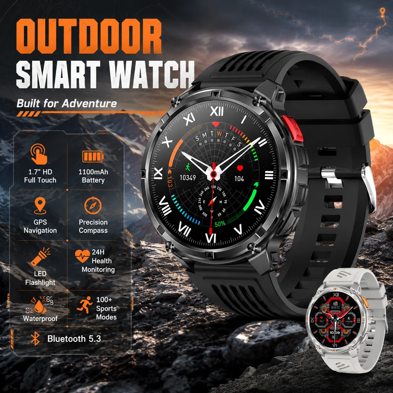 1.7 HD Large Screen Smart Watch Multi-sport Mode Health Monitoring Compass Sleep Mode LED Flashlight Bluetooth Smart Watch