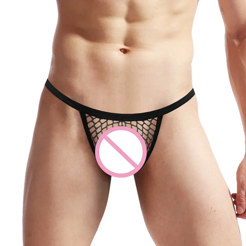 

1pc Black Men's See Through Fishnet G-Strings Erotic Underwear Bulge Pouch Thongs Hollow Mesh Briefs Panties