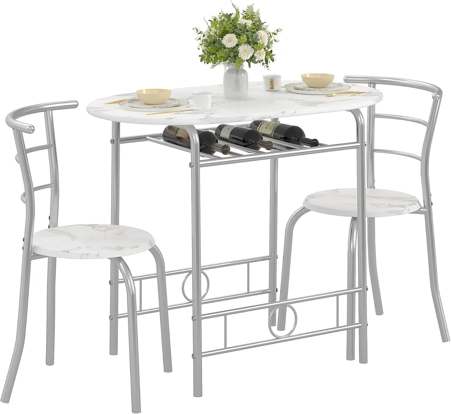 

Набор из 3 предметов: овальный обеденный стол с подставкой для вина, компактный дизайн для небольших кухонь, белый и серебристый цвета